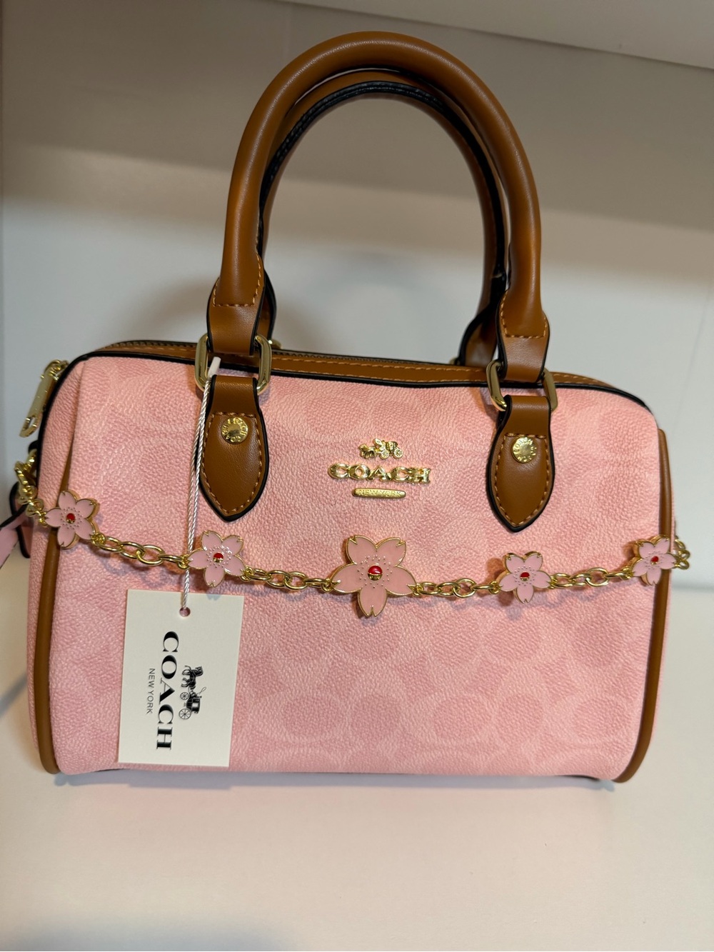 Coach Pink Satchel with Tan Trim and Floral Chain